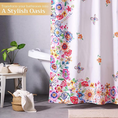 Maison d' Hermine Shower Curtain 100% Cotton One Panel 70"x72" Washable Fabric Shower Curtains for Bathroom, Easy Hanging with 12 Button Holes - Spa Easter Gifts (Happy Florals - High Summer)