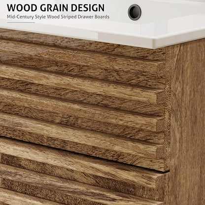 eclife 48" Floating Bathroom Vanity with Sink Combo Mid-Century Wall Mounted Cabinet with Wood Stripes Decor, Drawers, Undermount Double Sink, Faucet, Drain, Light Walnut