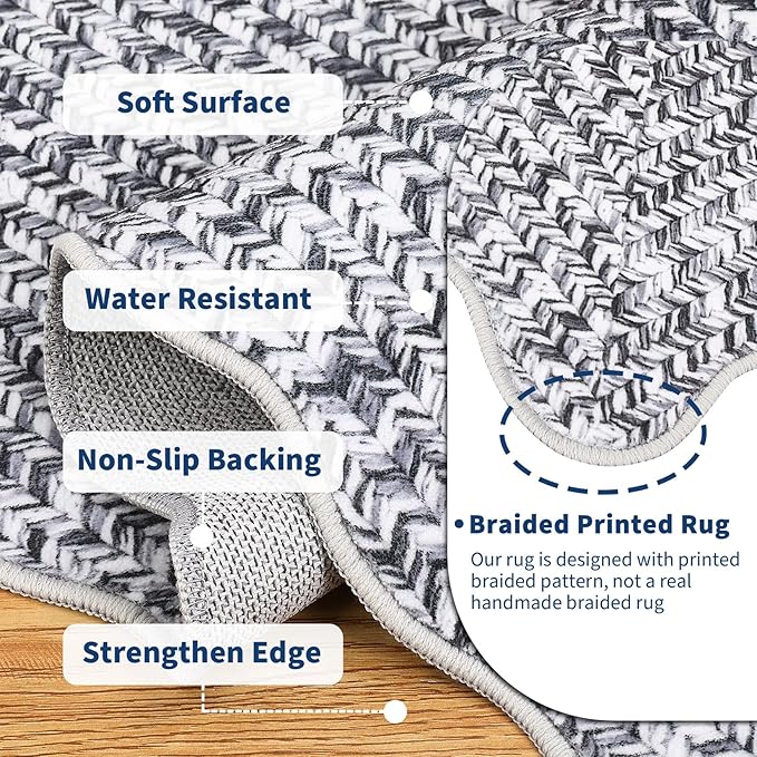Imitation Braided Collection-Print Scalloped Area Rug 5x7 Washable Rug with Non Slip Rubber Backing Non Shedding Farmhouse Floor Cover, Ultra-Thin Foldable Carpet for Bedroom, Living Room