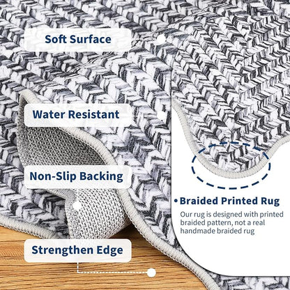 Imitation Braided Collection-Print Farmhouse Living Room Area Rug 8x10 Non-Slip Washable Rugs, Scalloped Large Carpet, Stain Resistant Ultra-Thin Foldable Floor Cover for Nursery Dining Room