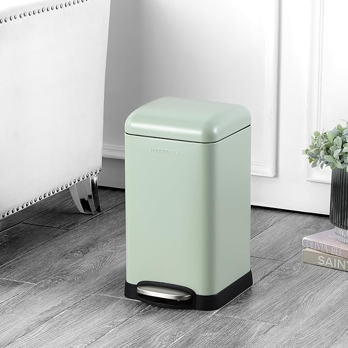 happimess Betty Retro Mini 3.2 Gal Step Trash Can, Pistachio Gelato | Soft-Close Lid, Removable Liner, Iron, Hands-Free Pedal, Satin Finish, Non-Skid Base, Built-In Damper, Modern, Minimalistic