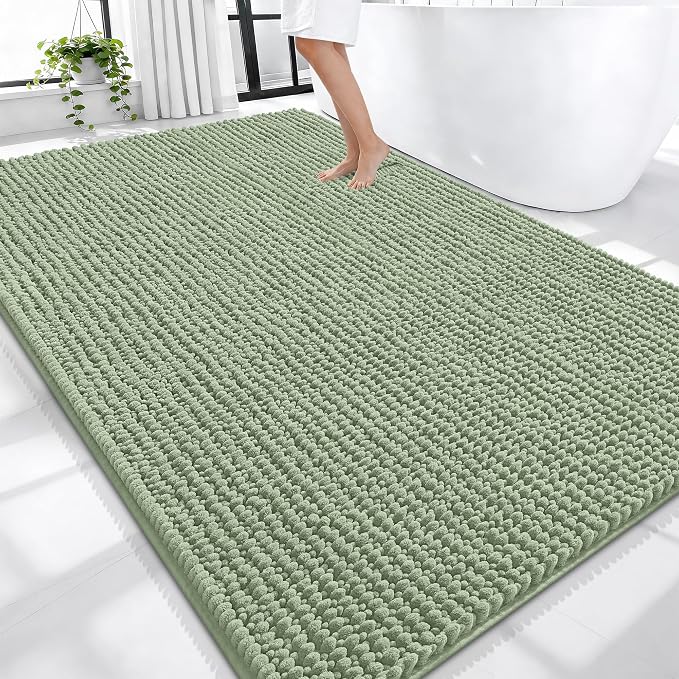 OLANLY Thick Chenille Large Bathroom Rugs Mats 70x46, Sage Green | Soft Absorbent Bath Rugs, Rubber Backing, Machine Wash Dry, Bath Mats for Bathroom, Tub and Shower, Home Decor Accessories