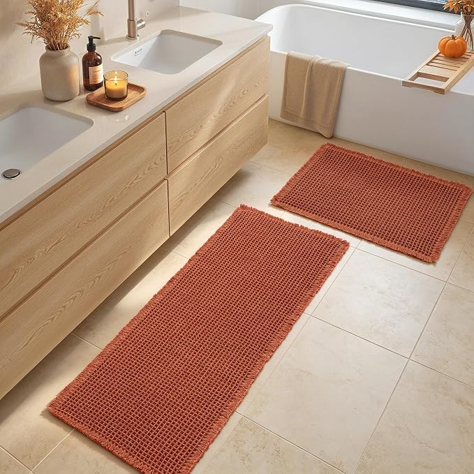 MIULEE Fall Orange Set of 2 Waffle Bathroom Rugs Bath Mat 17"x24"+17"x48" | Non Slip, Super Absorbent, Washable, Ultra Soft, Rubber Backed, Small Boho Bath Rug and Bathroom Runner for Floor Tub Shower