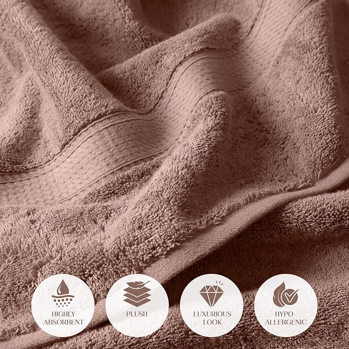 SUPERIOR Egyptian Cotton Ultra Plush & Absorbent, 12 Piece Set, Muted Mauve | Heavyweight 12 Pc Egyptian Cotton Towel Set Includes 4 Bath Towels 4 Hand Towels 4 Washcloths Decorative Rope Border