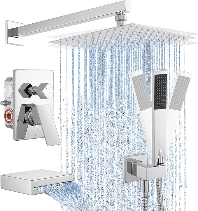 KES Chrome Shower System with Tub Spout Bath Shower Faucet Set 10 Inch Rain Shower with Handheld Spray Pressure Balance, XB6305F18-CH