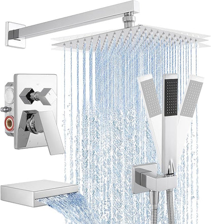 KES Chrome Shower System with Tub Spout Bath Shower Faucet Set 10 Inch Rain Shower with Handheld Spray Pressure Balance, XB6305F18-CH