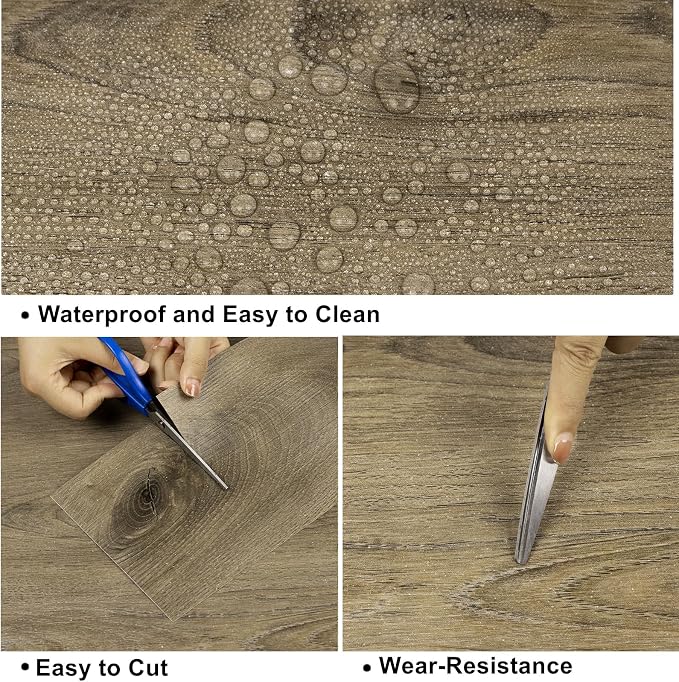 Peel and Stick Floor Tile Wood Plank Look, Self-Adheisve Vinyl Flooring | Brown, 20-Pack 30 Sq.Ft, Floor Tiles Peel and Stick Waterproof for Bathroom Kitchen RV Renter, 36x6inch
