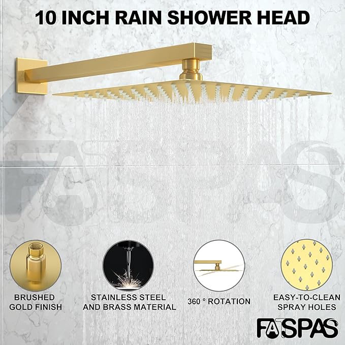 Shower System with Tub Spout, 10-Inch High-Pressure Rain Showerhead and Handheld Combo, Brushed Gold Shower Faucet Set with Rough-in Valve and Trim, Wall Mounted 3-Way Shower Set