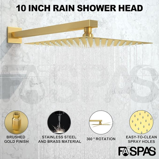 Shower System with 10-Inch Rain Head and Tub Spout | All-Metal Tub Shower Faucet Set, Wall Mounted Rain Showerhead, Handheld Spray, Includes Valve and Trim Kit, Brushed Gold