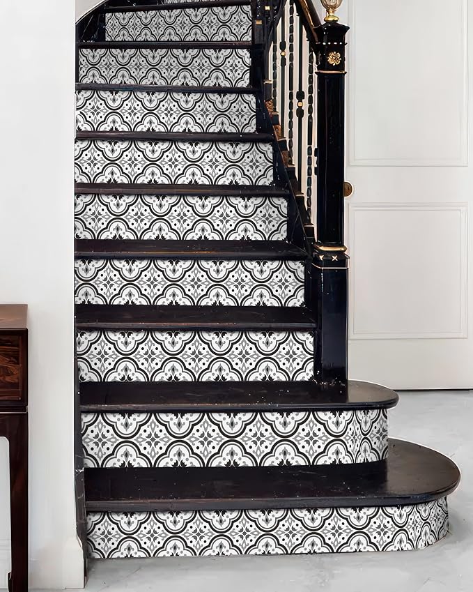 FLFK Stair Riser Decals - Black Patterns Stair Stickers Murals Peel and Stick Self-Adhesive for Home Decor, 39.3" W x 7.08" H x 13Pcs