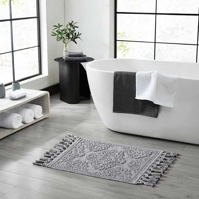 Jean Pierre - Ricardo Bath Mat, Woven Fringe Bathroom Rugs, 100% Cotton, Premium Bathroom Decor - Measures 17" x 31" - Dark Gray
