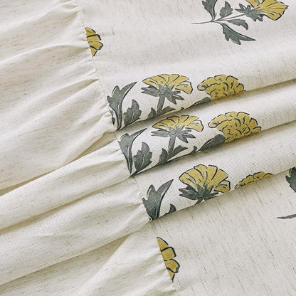 ORTIGIA Linen Textured Ruffle Shower Curtain with Metal Hooks, Vintage Yellow Floral Block Print Boho Waterproof Bath Curtain for Rustic Farmhouse Bathroom Decor 72x72 Inch