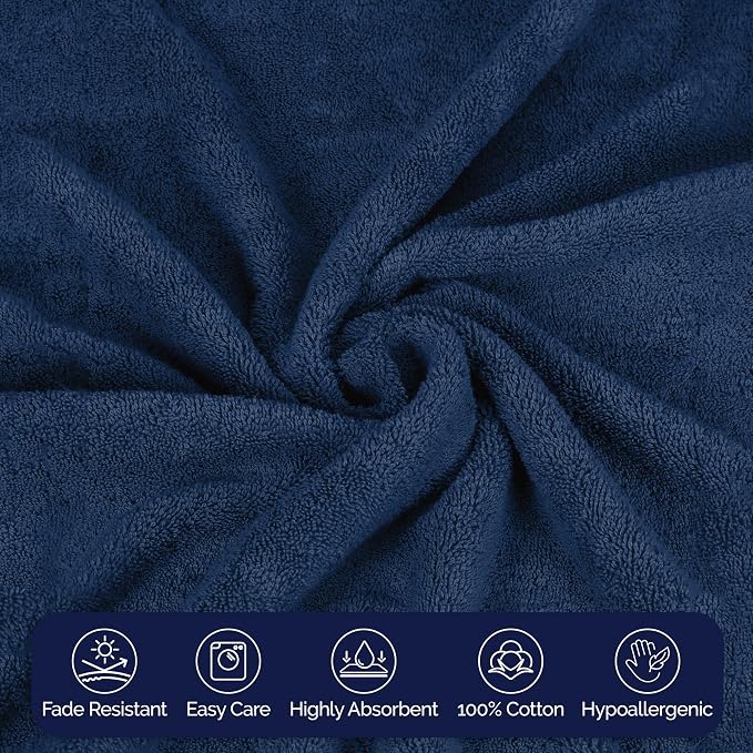 Elegant Comfort Premium Turkish Cotton 6 Pack Washcloths Set - 13 x 13 inch, Luxurious Hotel Spa Quality 100% Turkish Cotton 6PC Washcloth Set - Highly Absorbent - Soft Bathroom Towels, Navy Blue