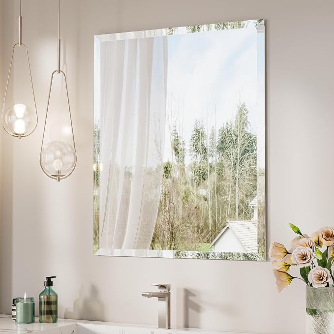 Keonjinn Frameless Bathroom Mirror 24" x 32", Rectangle Mirrors for Wall | Bathroom Vanity Mirror with Beveled Edge, Safety 5mm Temepered Glass, Shatterproof, Modern Decorative for Wall, Living Room