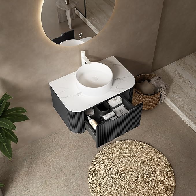 30'' Floating Vanity with Sink Combo, Modern Wall-Mounted Curved Edges Striped Bathroom Storage Cabinet with Soft-Close Drawer and White Artificial Marble Basin, Black