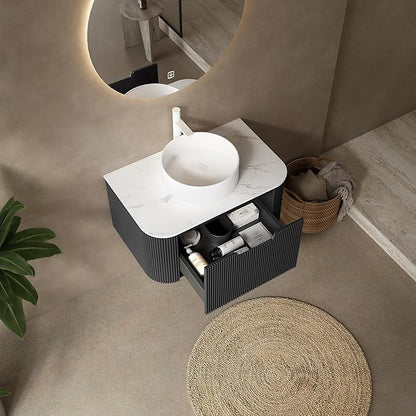 30'' Floating Vanity with Sink Combo, Modern Wall-Mounted Curved Edges Striped Bathroom Storage Cabinet with Soft-Close Drawer and White Artificial Marble Basin, Black