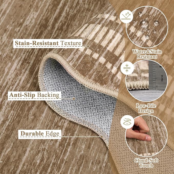 GarveeHome Washable Runner Rug 2x6 Kitchen Hallway Scalloped Rugs, Non Skid Stain-Resistant Solid Bordered Rug Soft Scalloped Entryway Carpet Runner for Bathroom Laundry Room Bedside(Brown,2x6 ft)