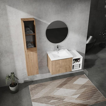Henf 36" Floating Bathroom Vanity with Sink for Compact Space, Brown Wall Mount Bathroom Vanity Cabinet with Sink Combo, 36 Inch Bathroom Vanities Set with Open Storage Shelf & 2 Side Cabinet