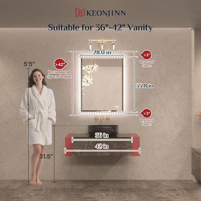 Keonjinn 28" x 36" LED Backlit Mirror, HD Tempered Glass with Beveled Edge | 3 Color Temperature, Auto-OFF Defogging, Dimmable, Easy French Cleat Installation, Rectangle LED Bathroom Mirror with Lights