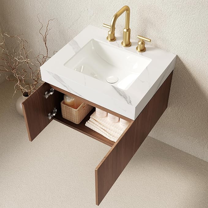 KEIKI 24 Inch Floating Bathroom Vanity with Sink, Brown Oak & White | Modern Wall Mounted Storage Cabinet with 2 Doors, Pre-assembled Wood Panels, Sintered Stone Top & Ceramic Basin Combo Set