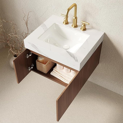 KEIKI 24 Inch Floating Bathroom Vanity with Sink, Brown Oak & White | Modern Wall Mounted Storage Cabinet with 2 Doors, Pre-assembled Wood Panels, Sintered Stone Top & Ceramic Basin Combo Set