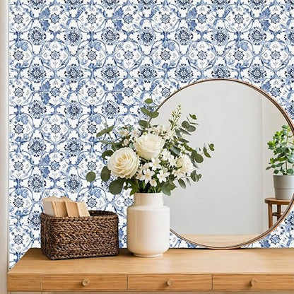 Delft Blue Floral Vine Peel and Stick Floor Tiles 12x12 Inch 10PCS | Delft blue floral vine pattern on a white background vinyl floor stickers for kitchen bathroom entryway and indoor home decor