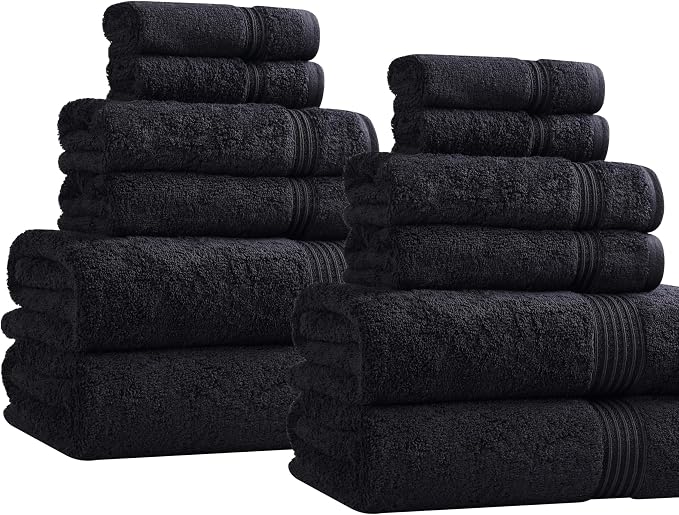 Superior Egyptian Cotton 12-Piece Towel Set, Assorted Towels for Home Bathroom, Guest Bath Decor Essentials, Includes 4 Bath, 4 Hand, 4 Face Towels/Washcloths, Quick Dry, Absorbent - Black