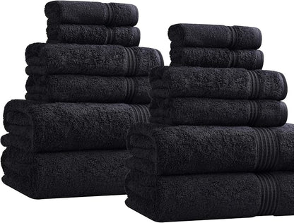 Superior Egyptian Cotton 12-Piece Towel Set, Assorted Towels for Home Bathroom, Guest Bath Decor Essentials, Includes 4 Bath, 4 Hand, 4 Face Towels/Washcloths, Quick Dry, Absorbent - Black