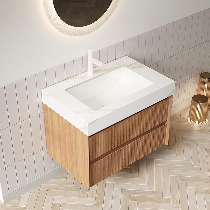 30" Bathroom Vanity with Sink, Modern Bathroom Floating Vanity with Travertine-Pattern Sintered Stone Top & Ceramic Undermount Basin, Pre-Assembled W/2 Drawers, Espresso/W