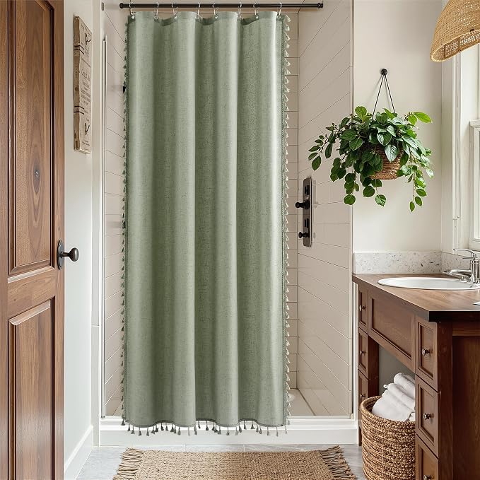 Stall Sage Green Boho Linen Shower Curtain 48 Inch Elegant Fancy Tassel Farmhouse Fabric Shower Curtain Set with Hooks Modern Country Decorative Bath Curtain for Bathroom 48x72, Green