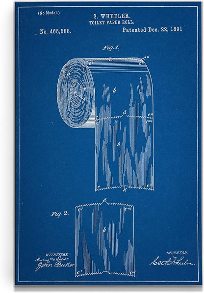 Renditions Gallery Toilet Paper Patent Drawing Gallery Wrapped Canvas Wall Art, 18x27, Blue Print