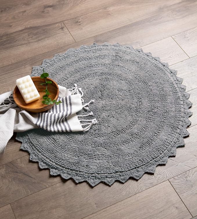 DII Crochet Collection Reversible Bath Mat, Round, 27.5" Diameter, Gray