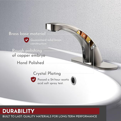 PRIMSOPH Automatic Motion Sensor Hands Free Electronic Infrared Smart Commercial Touchless Bathroom Sink Faucet with Cover Plate Temperature Mixer Battery or Plug-in Powered Brushed Nickel