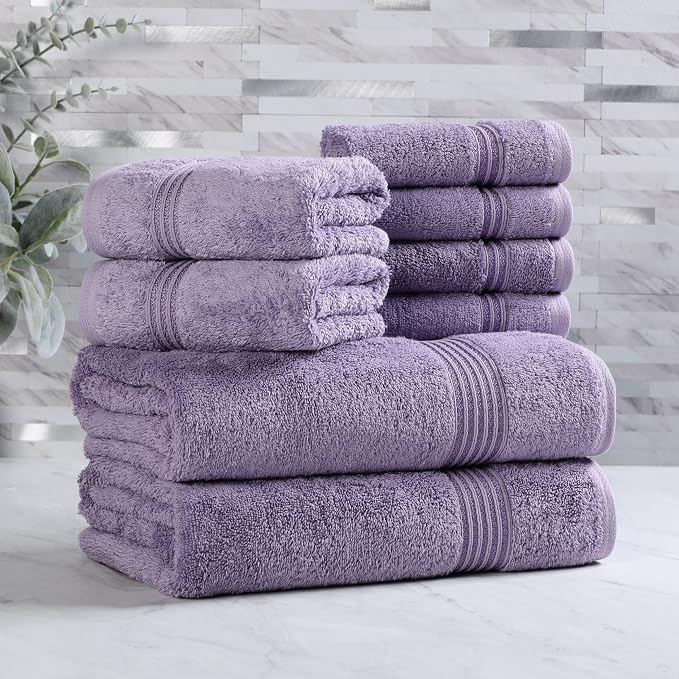 Superior Egyptian Cotton 8-Piece Towel Set, Assorted Towels for Home Bathroom, Guest Bath Decor Essentials, Includes 2 Bath, 4 Hand, 2 Face Towels/Washcloths, Quick Dry, Absorbent, Royal Purple