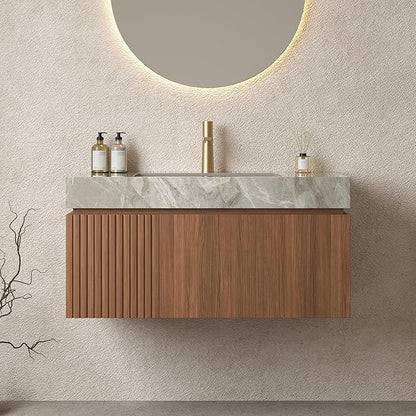 LKTART Floating 36 Inch Bathroom Vanity with Sink, Modern Plywood Wall Mounted Bathroom Storage Cabinet with 1 Door and 1 Drawer, Roma Travertine-Pattern Sintered Stone Countertop and Ceramic Basin
