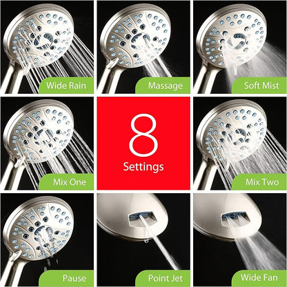 AquaCare 50-mode High Pressure 7 inch Shower Head Combo w/Dual Power Wash | Hygienic Jets, 2-mode Handheld Power Wash for Tub, Tile & Pets, Long 6 ft. Stainless Steel Hose, Extra Wall Bracket / Nickel