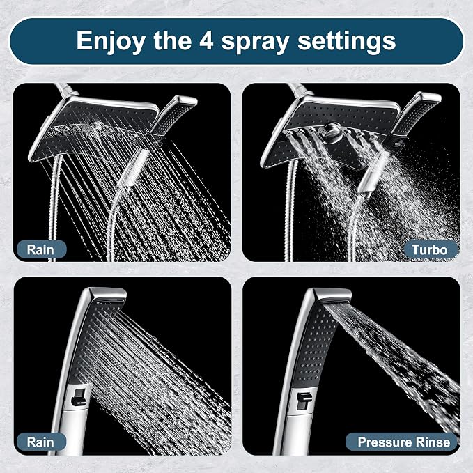 BRIGHT SHOWERS High Pressure Dual Shower Head Combo, Handheld Showerhead Rainfall Shower Head Set with Black Face, 60 Inch Long Stainless Steel Shower Hose, Chrome