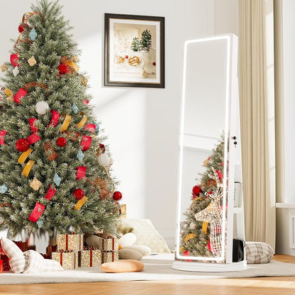 NUNU LAB LED Mirror Jewelry Cabinet Standing, Jewelry Armoire with Full Length Mirror, 360° Swivel Jewelry Cabine with Adjustable LED Lights, Lockable Jewelry Organizer Storage, White
