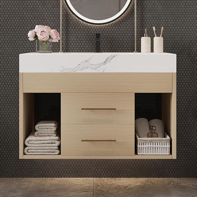 30 inch Modern Floating Bathroom Vanity with Sink, Wall Mounted Bathroom Cabinet with Undermount Ceramic Sink, Sintered Stone Countertop, 2 Soft Closing Drawers & Open Storage Shelf, Natural