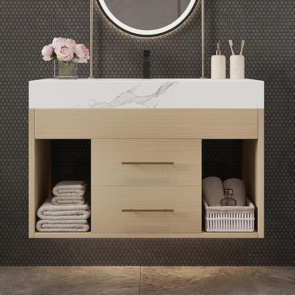 30 inch Modern Floating Bathroom Vanity with Sink, Wall Mounted Bathroom Cabinet with Undermount Ceramic Sink, Sintered Stone Countertop, 2 Soft Closing Drawers & Open Storage Shelf, Natural