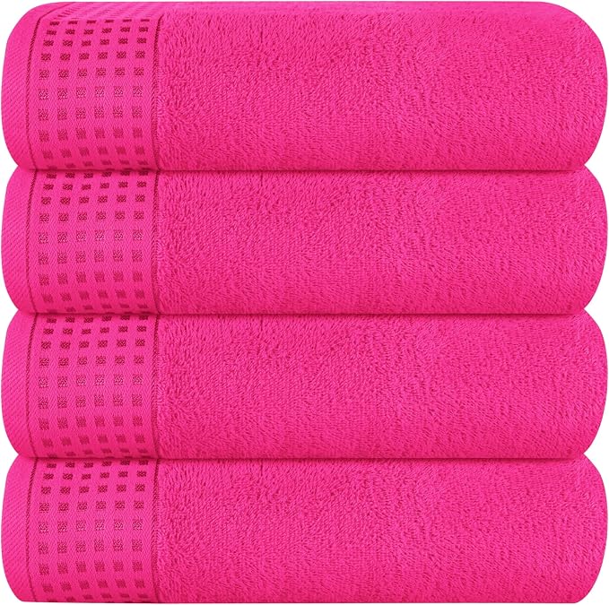 GLAMBURG Ultra Soft 4 Pack Oversized Bath Towel Set 27x54 inches, 100% Cotton Bath Towels, Highly Absorbant Compact Quickdry & Lightweight Towel, Ideal for Gym Travel Camp Pool - Hot Pink