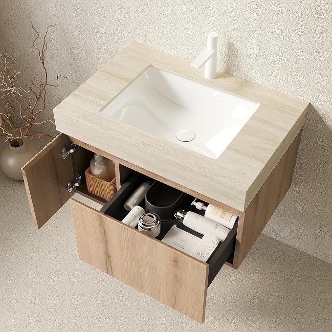 KEIKI 30 Inch Floating Bathroom Vanity with Sink, White Oak & Beige | Modern Wall Mounted Storage Cabinet w/ Drawer & Door, Pre-assembled Wood Panels, Sintered Stone Top & Ceramic Basin Combo Set
