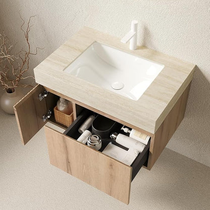 KEIKI 30 Inch Floating Bathroom Vanity with Sink, White Oak & Beige | Modern Wall Mounted Storage Cabinet w/ Drawer & Door, Pre-assembled Wood Panels, Sintered Stone Top & Ceramic Basin Combo Set
