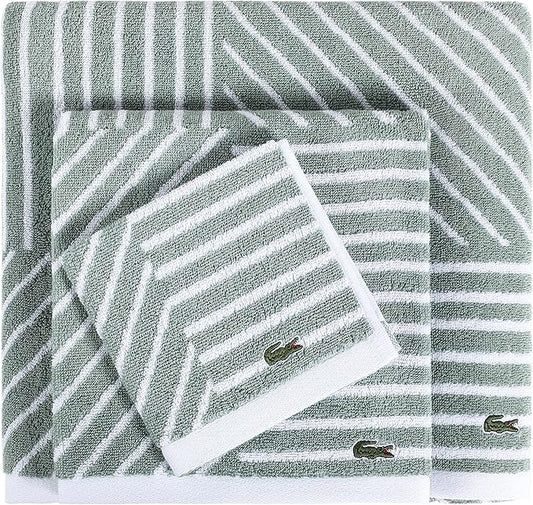 Lacoste Guethary Striped 6PC Towel Set – 100% Cotton, Reversible Design, Durable & Lightweight, Machine Washable – Aloe, 2 Bath Towels (30"x54"), 2 Hand Towels (16"x30"), 2 Washcloths (13"x13")