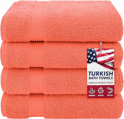 American Veteran Towel, 100% Cotton Turkish Bath Towels for Bathroom 4 Pack, 27x54 Extra Large Premium Soft Drying Bathroom Towels, Coral