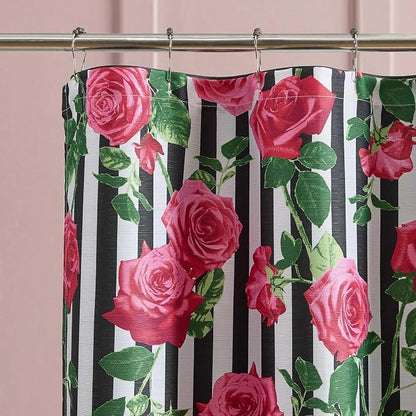 Betsey Johnson - Shower Curtain Set, Printed Polyester Curtain with Shower Liner & 12 Pack Curtain Hooks, Floral Stripe Design, Machine Washable, 72" x 72" (Avantgarde Rose Pink)