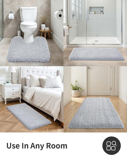 ILANGO Silver Bathroom Rugs 32" × 20" Non Slip & Super Absorben Extra Thick Soft, Washable Bath Mat for Floor, Microfiber Plush Shaggy Bath Rug with Tub for Bathtub Shower Room Sink