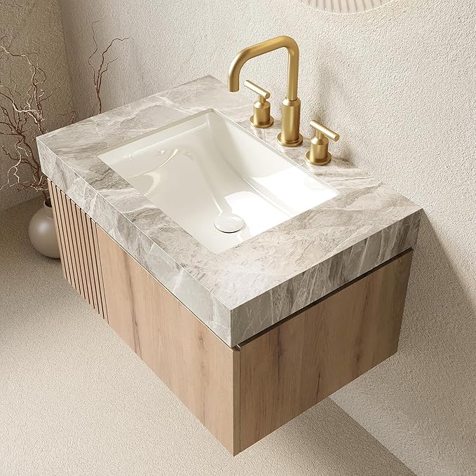 Ambrovina 30" Floating Bathroom Vanity with Sink, Modern Plywood Bathroom Storage Cabinet with Drawer and Door, Gray Sintered Stone Countertop and 3 Pre-drilled Faucet Holes Ceramic Basin, Light Oak