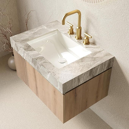 Ambrovina 30" Floating Bathroom Vanity with Sink, Modern Plywood Bathroom Storage Cabinet with Drawer and Door, Gray Sintered Stone Countertop and 3 Pre-drilled Faucet Holes Ceramic Basin, Light Oak