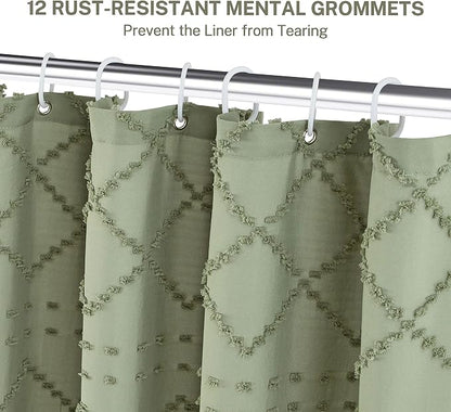 Siiluminisoy Extra Long Sage Green Boho Shower Curtain - Woven Fabric, 72 x 96 Inches, Tufted Chevron Textured Striped, Modern Farmhouse Minimalist for Bathroom